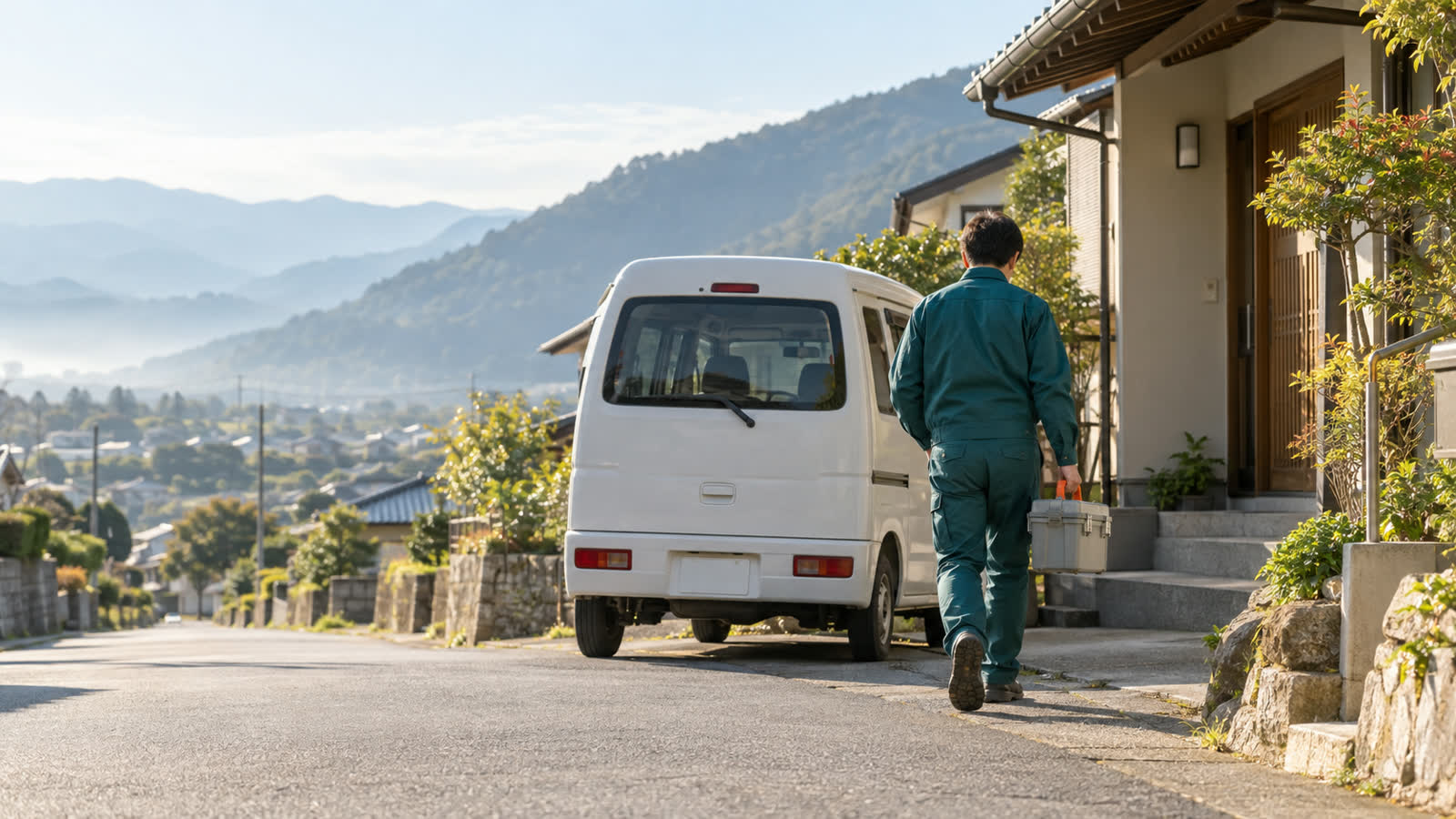 作業着の職人が、台所の流し台の下の配管を点検している後ろ姿